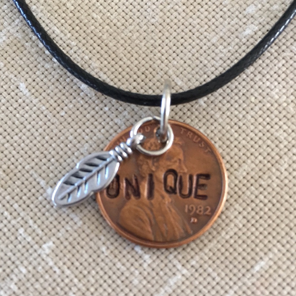 UNIQUE Stamped Penny Pendant Feather Boho Necklace